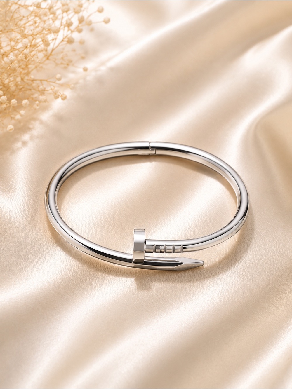 Sterling Silver Nail-Designed Hinged Bangle Bracelet - Silver